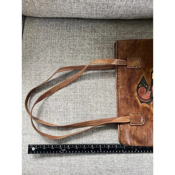 Vtg Brown Leather Shoulder Bag Boho Native American Polychrome Geometric Figure - Picture 11 of 11